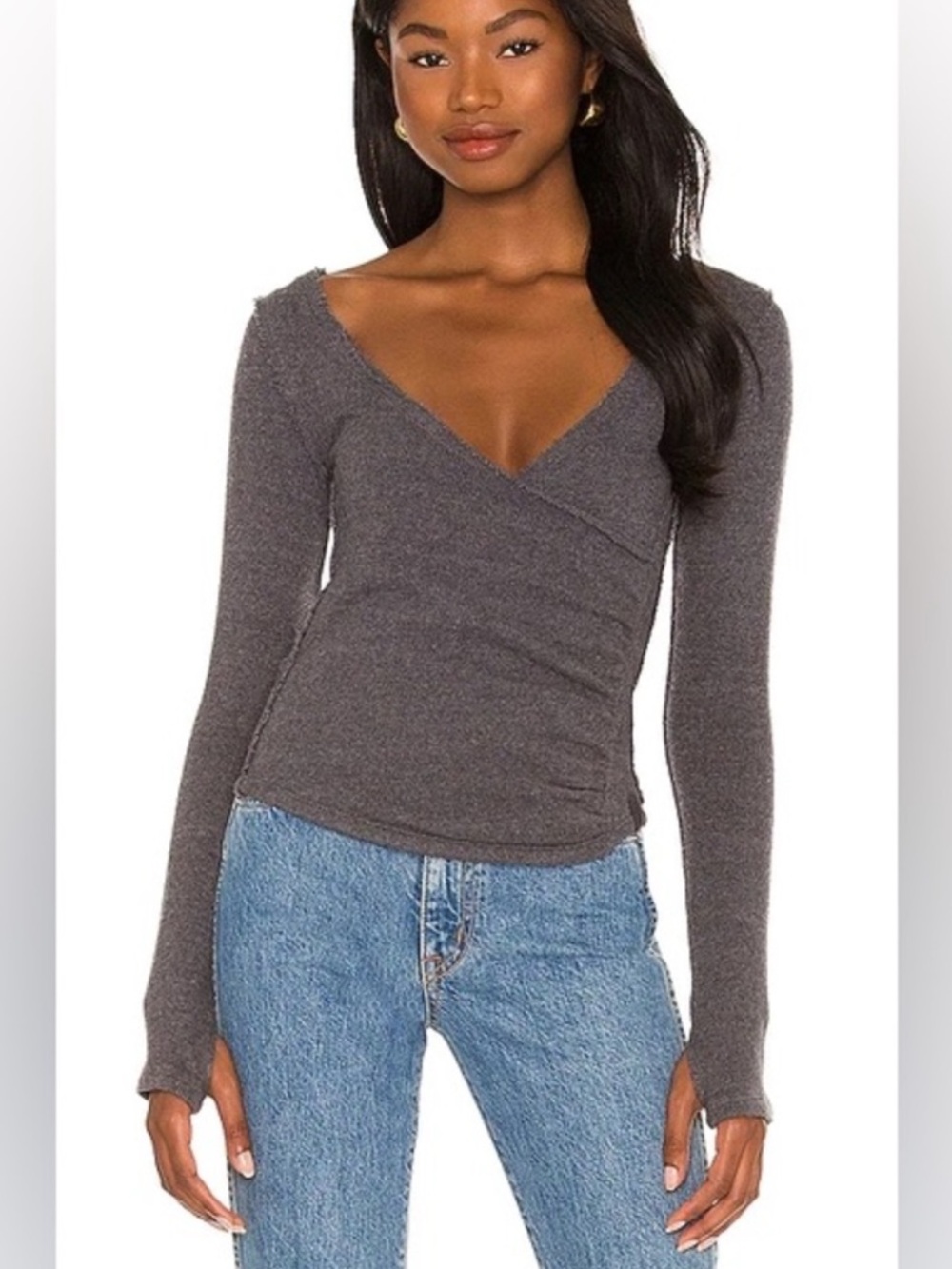 We The Free Like A Boss Crossover Long Sleeve Wrap Top Grey Size XL